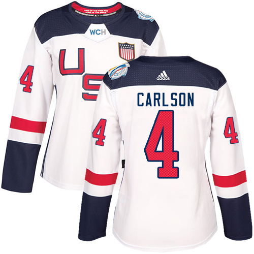 Women's Adidas Team USA #4 John Carlson Authentic White Home 2016 World Cup of Hockey Jersey