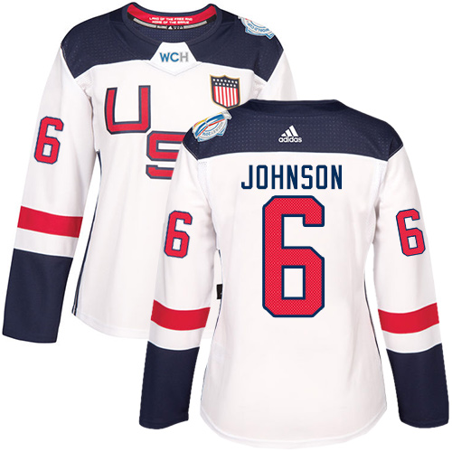 Women's Adidas Team USA #6 Erik Johnson Authentic White Home 2016 World Cup of Hockey Jersey
