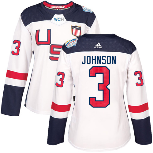 Women's Adidas Team USA #3 Jack Johnson Authentic White Home 2016 World Cup of Hockey Jersey
