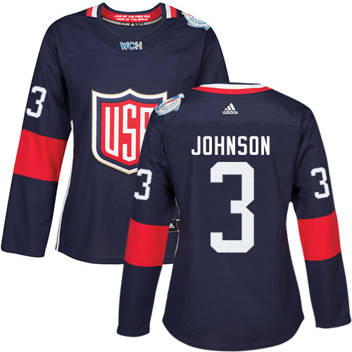 Women's Adidas Team USA #3 Jack Johnson Authentic Navy Blue Away 2016 World Cup of Hockey Jersey