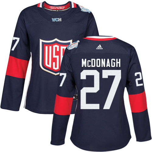 Women's Adidas Team USA #27 Ryan McDonagh Authentic Navy Blue Away 2016 World Cup of Hockey Jersey