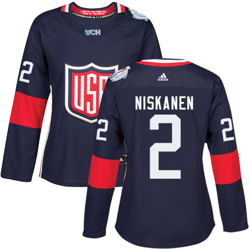 Women's Adidas Team USA #2 Matt Niskanen Authentic Navy Blue Away 2016 World Cup of Hockey Jersey