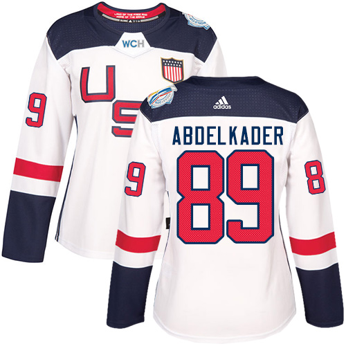Women's Adidas Team USA #89 Justin Abdelkader Authentic White Home 2016 World Cup of Hockey Jersey