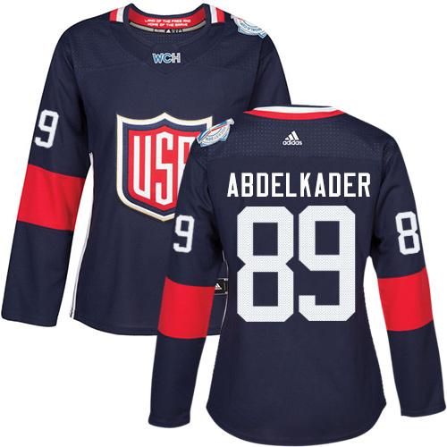 Women's Adidas Team USA #89 Justin Abdelkader Authentic Navy Blue Away 2016 World Cup of Hockey Jersey