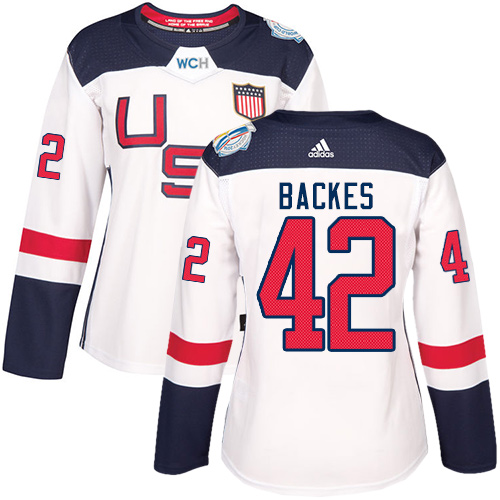 Women's Adidas Team USA #42 David Backes Authentic White Home 2016 World Cup of Hockey Jersey