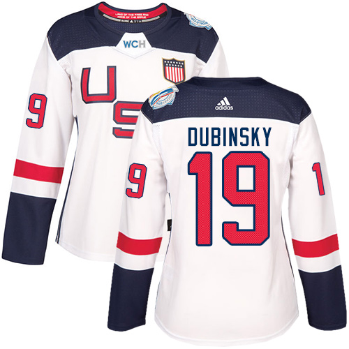 Women's Adidas Team USA #19 Brandon Dubinsky Authentic White Home 2016 World Cup of Hockey Jersey