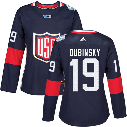Women's Adidas Team USA #19 Brandon Dubinsky Authentic Navy Blue Away 2016 World Cup of Hockey Jersey