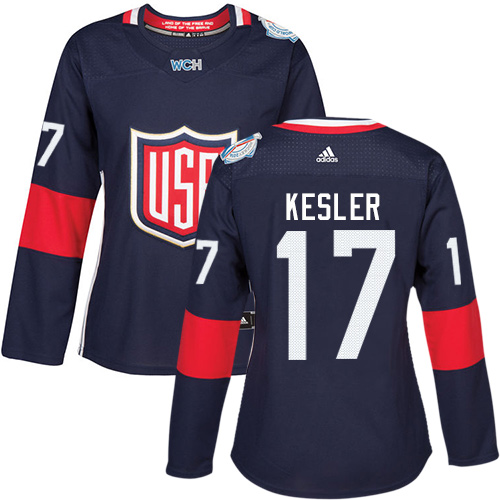 Women's Adidas Team USA #17 Ryan Kesler Authentic Navy Blue Away 2016 World Cup of Hockey Jersey