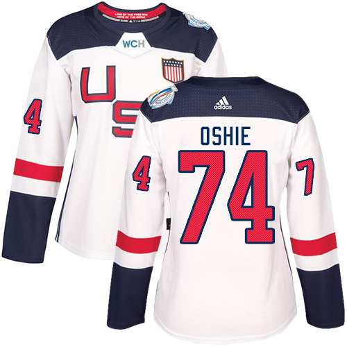 Women's Adidas Team USA #74 T. J. Oshie Authentic White Home 2016 World Cup of Hockey Jersey