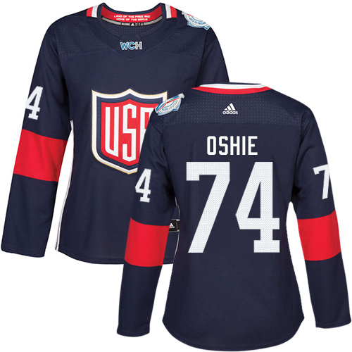 Women's Adidas Team USA #74 T. J. Oshie Authentic Navy Blue Away 2016 World Cup of Hockey Jersey