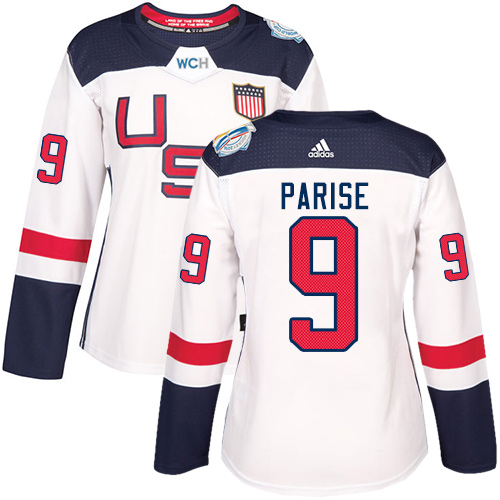 Women's Adidas Team USA #9 Zach Parise Authentic White Home 2016 World Cup of Hockey Jersey