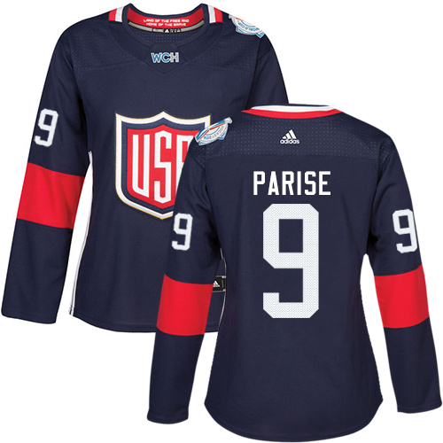 Women's Adidas Team USA #9 Zach Parise Premier Navy Blue Away 2016 World Cup of Hockey Jersey