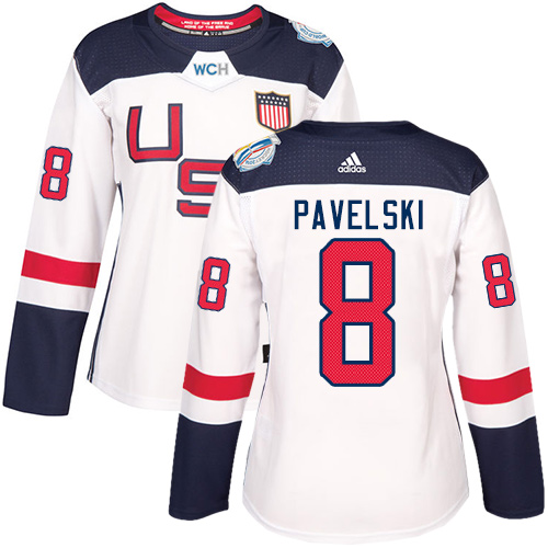 Women's Adidas Team USA #8 Joe Pavelski Authentic White Home 2016 World Cup of Hockey Jersey