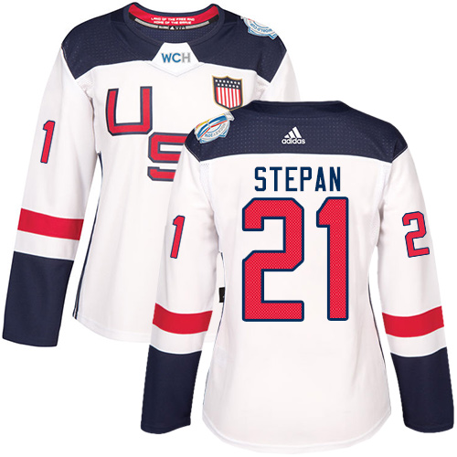 Women's Adidas Team USA #21 Derek Stepan Authentic White Home 2016 World Cup of Hockey Jersey