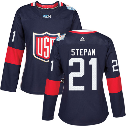 Women's Adidas Team USA #21 Derek Stepan Authentic Navy Blue Away 2016 World Cup of Hockey Jersey