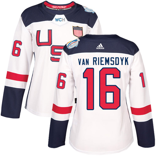 Women's Adidas Team USA #16 James van Riemsdyk Authentic White Home 2016 World Cup of Hockey Jersey