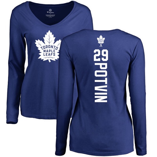 NHL Women's Adidas Toronto Maple Leafs #29 Felix Potvin Royal Blue Backer Long Sleeve T-Shirt