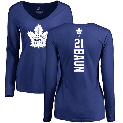 NHL Women's Adidas Toronto Maple Leafs #21 Bobby Baun Royal Blue Backer Long Sleeve T-Shirt