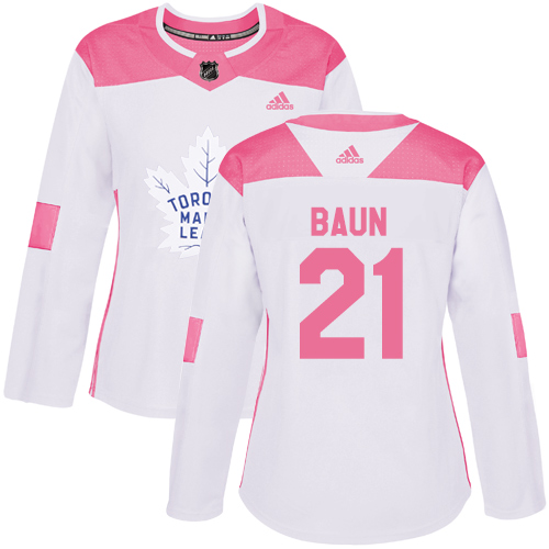 Women's Adidas Toronto Maple Leafs #21 Bobby Baun Authentic White/Pink Fashion NHL Jersey