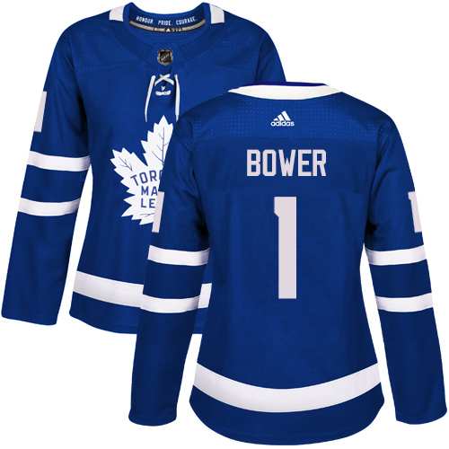 Women's Adidas Toronto Maple Leafs #1 Johnny Bower Authentic Royal Blue Home NHL Jersey