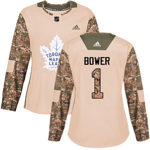 Women's Adidas Toronto Maple Leafs #1 Johnny Bower Authentic Camo Veterans Day Practice NHL Jersey