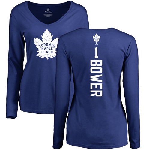 NHL Women's Adidas Toronto Maple Leafs #1 Johnny Bower Royal Blue Backer Long Sleeve T-Shirt