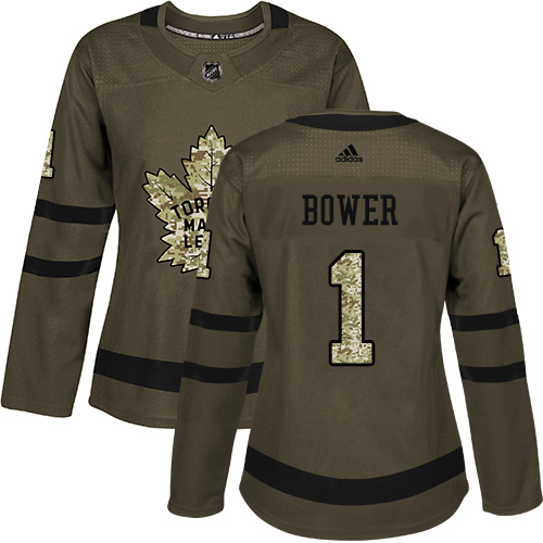 Women's Adidas Toronto Maple Leafs #1 Johnny Bower Authentic Green Salute to Service NHL Jersey
