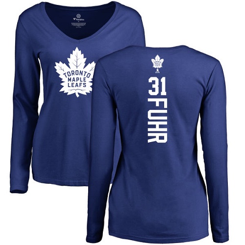 NHL Women's Adidas Toronto Maple Leafs #31 Grant Fuhr Royal Blue Backer Long Sleeve T-Shirt