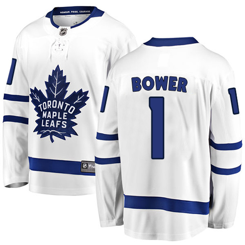 Men's Toronto Maple Leafs #1 Johnny Bower Authentic White Away Fanatics Branded Breakaway NHL Jersey