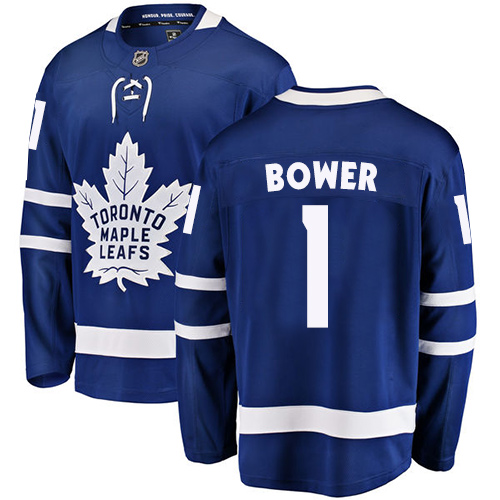 Youth Toronto Maple Leafs #1 Johnny Bower Authentic Royal Blue Home Fanatics Branded Breakaway NHL Jersey