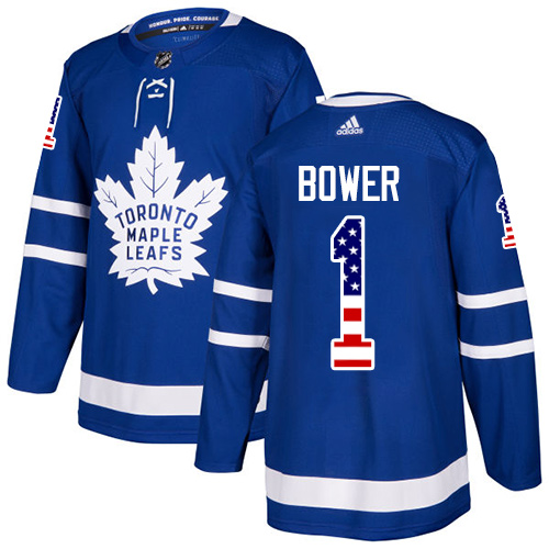 Men's Adidas Toronto Maple Leafs #1 Johnny Bower Authentic Royal Blue USA Flag Fashion NHL Jersey
