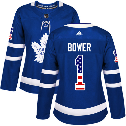 Women's Adidas Toronto Maple Leafs #1 Johnny Bower Authentic Royal Blue USA Flag Fashion NHL Jersey