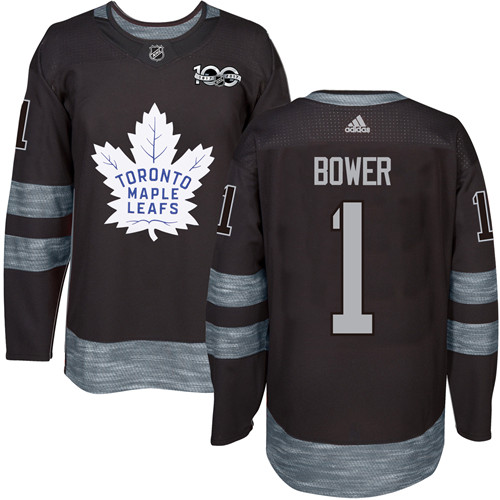 Men's Adidas Toronto Maple Leafs #1 Johnny Bower Authentic Black 1917-2017 100th Anniversary NHL Jersey