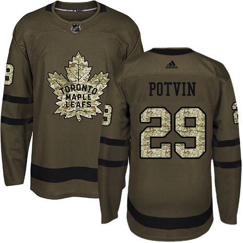 Men's Adidas Toronto Maple Leafs #29 Felix Potvin Authentic Green Salute to Service NHL Jersey
