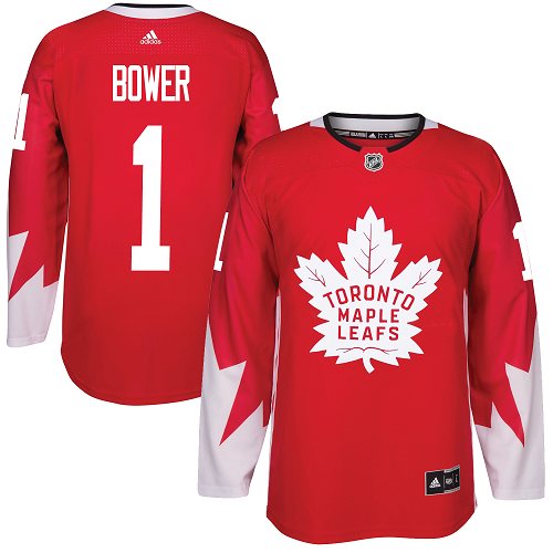 Men's Adidas Toronto Maple Leafs #1 Johnny Bower Authentic Red Alternate NHL Jersey