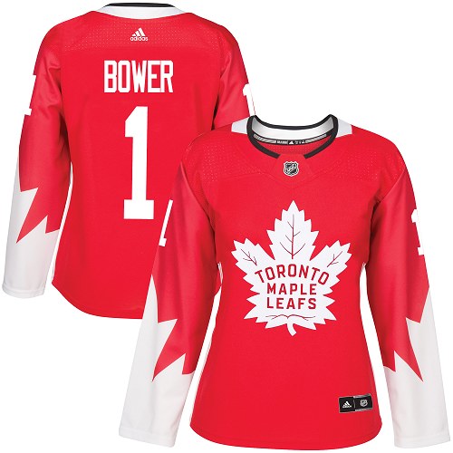 Women's Adidas Toronto Maple Leafs #1 Johnny Bower Authentic Red Alternate NHL Jersey