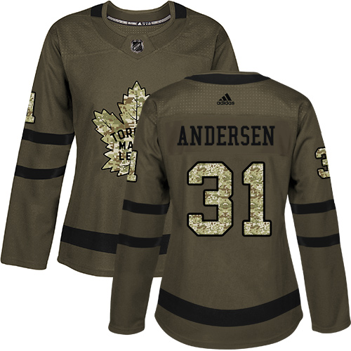 Women's Adidas Toronto Maple Leafs #31 Frederik Andersen Authentic Green Salute to Service NHL Jersey