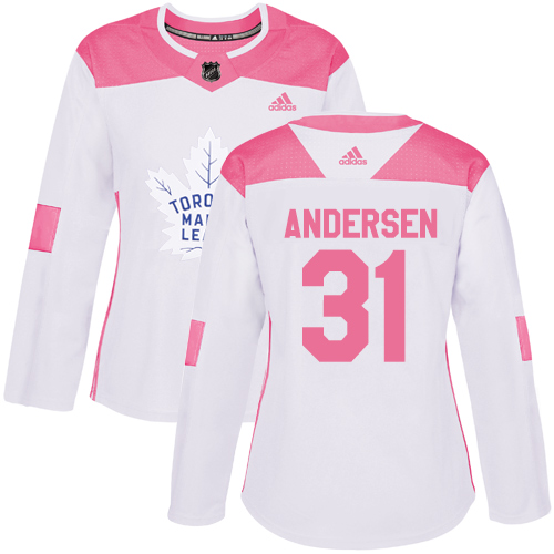 Women's Adidas Toronto Maple Leafs #31 Frederik Andersen Authentic White/Pink Fashion NHL Jersey