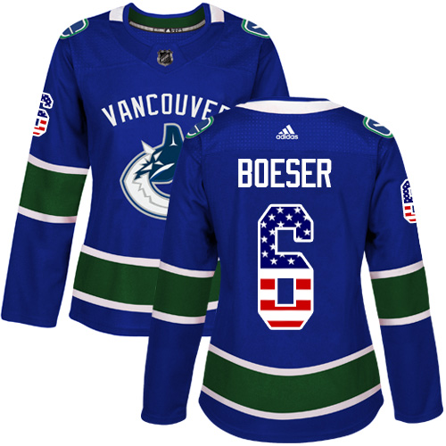 Women's Adidas Vancouver Canucks #6 Brock Boeser Authentic Blue USA Flag Fashion NHL Jersey
