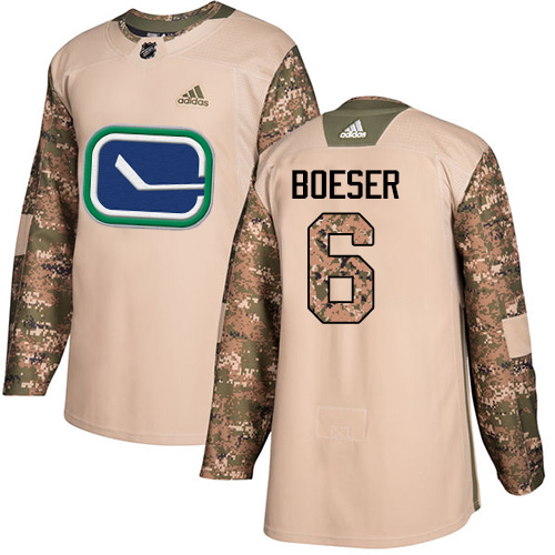 Men's Adidas Vancouver Canucks #6 Brock Boeser Authentic Camo Veterans Day Practice NHL Jersey