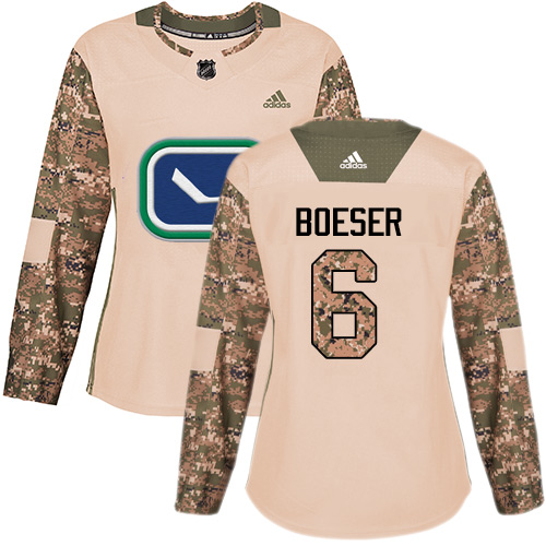 Women's Adidas Vancouver Canucks #6 Brock Boeser Authentic Camo Veterans Day Practice NHL Jersey