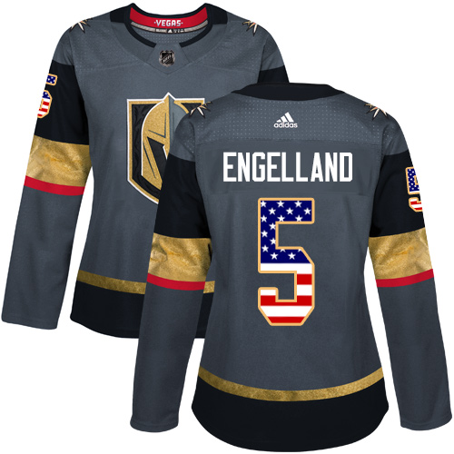 Women's Adidas Vegas Golden Knights #5 Deryk Engelland Authentic Gray USA Flag Fashion NHL Jersey