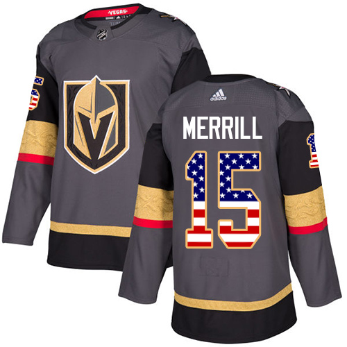 Men's Adidas Vegas Golden Knights #15 Jon Merrill Authentic Gray USA Flag Fashion NHL Jersey