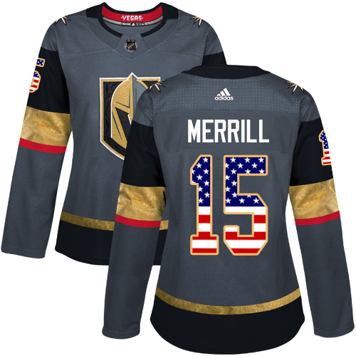 Women's Adidas Vegas Golden Knights #15 Jon Merrill Authentic Gray USA Flag Fashion NHL Jersey
