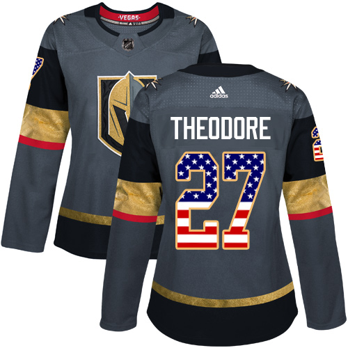 Women's Adidas Vegas Golden Knights #27 Shea Theodore Authentic Gray USA Flag Fashion NHL Jersey