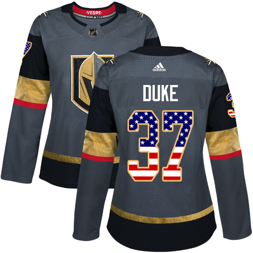 Women's Adidas Vegas Golden Knights #37 Reid Duke Authentic Gray USA Flag Fashion NHL Jersey