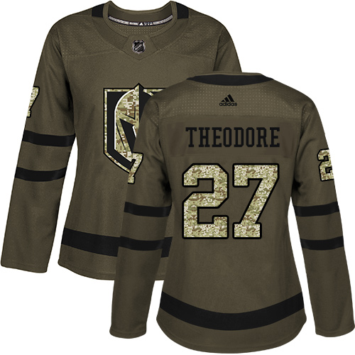 Women's Adidas Vegas Golden Knights #27 Shea Theodore Authentic Green Salute to Service NHL Jersey