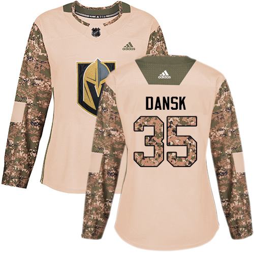 Women's Adidas Vegas Golden Knights #35 Oscar Dansk Authentic Camo Veterans Day Practice NHL Jersey