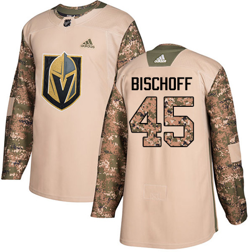 Men's Adidas Vegas Golden Knights #45 Jake Bischoff Authentic Camo Veterans Day Practice NHL Jersey