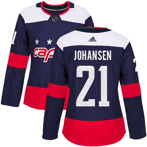 Women's Adidas Washington Capitals #21 Lucas Johansen Authentic Navy Blue 2018 Stadium Series NHL Jersey